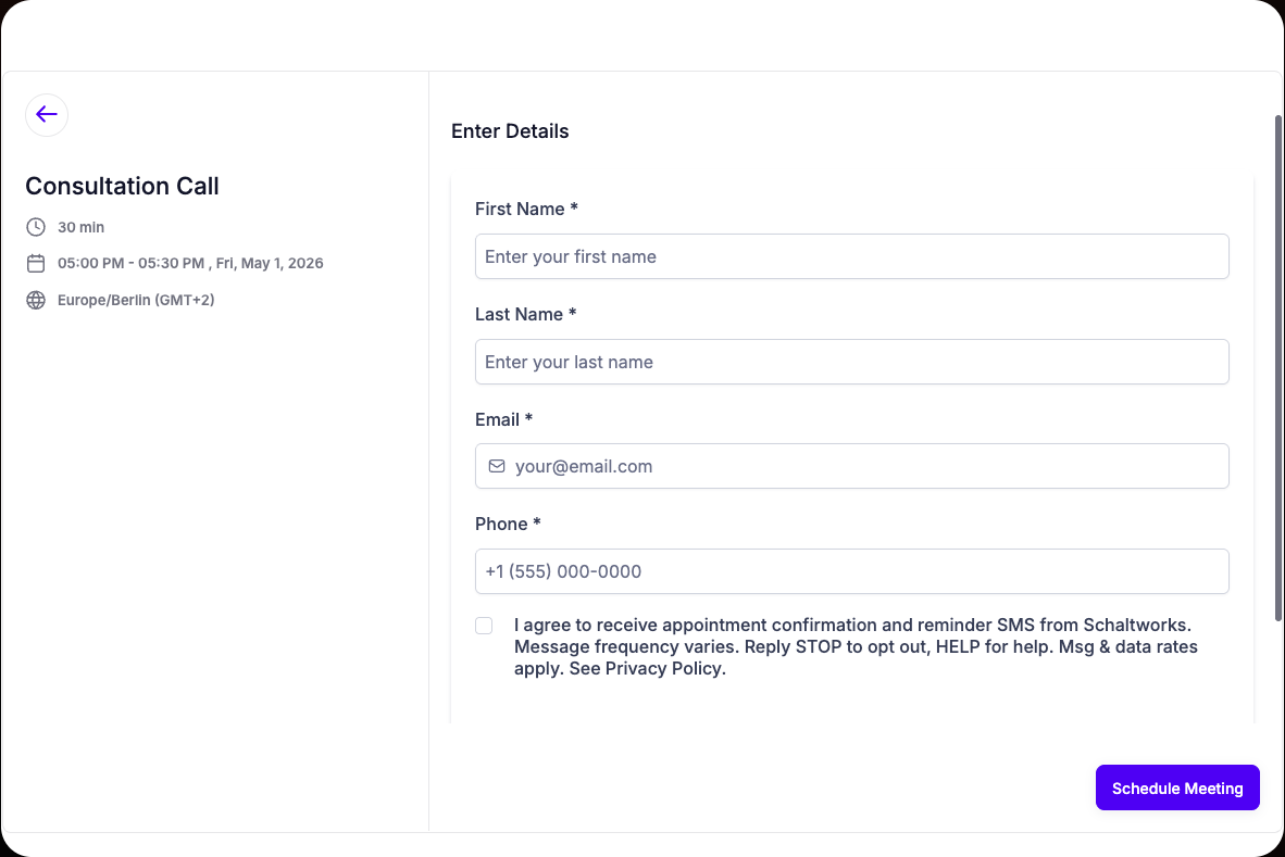 Schaltworks booking form showing the unchecked SMS consent checkbox with the exact disclosure text